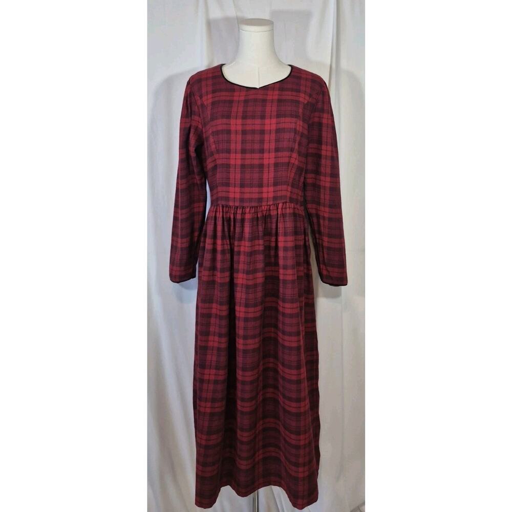 Vintage Laura Ashley Red Plaid Wool Blend Tartan Midi Dress US 12 - Picture 2 of 12